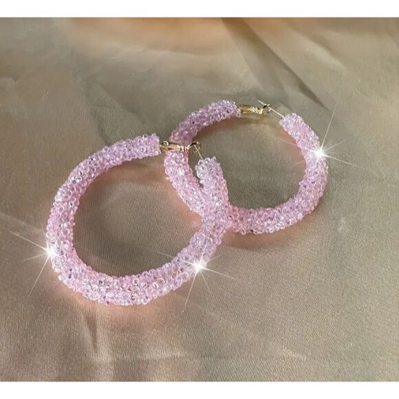 Light Pink Candy Sequin Hoop Earrings Hoops - Picture 2 of 7